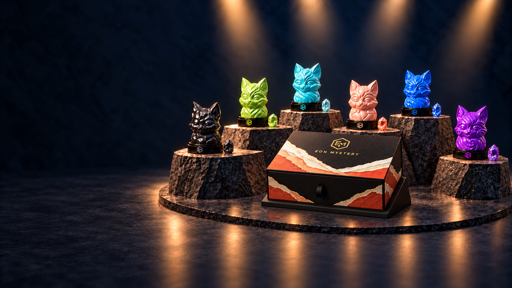 Les six figurines visibles de la série 1, sur leurs socles noirs, avec le nouveau coffret à tiroir
